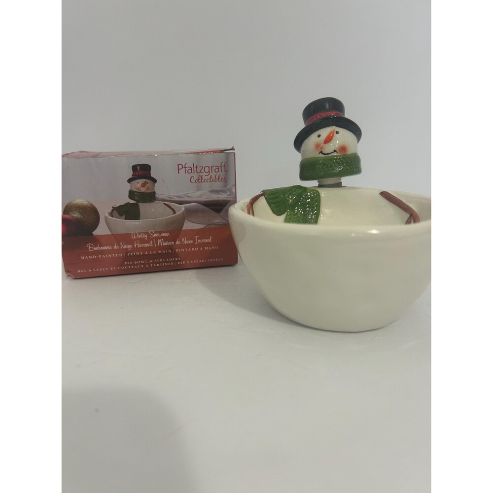 Pfaltzgraff Wintery Snowman Dip Bowl & Spreader Set, Hand Painted Ceramic  Dish